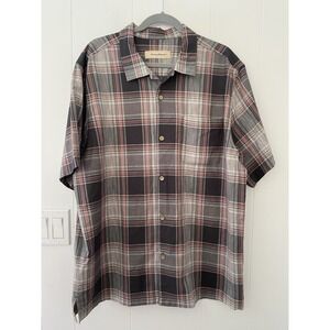 Tommy Bahama Silk Blend Plaid Short Sleeve Shirt Men's XL Gray & Salmon